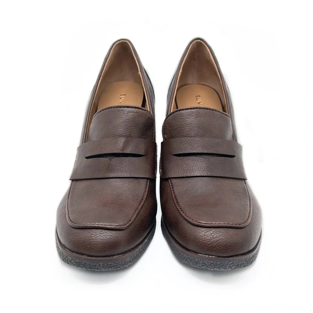 Sun + Stone Wedge Heel Women’s Faux Leather Jetta Slip On Loafer Brown Size 9